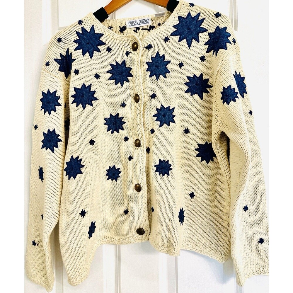 VTG Boutique Cardigan Sweater XL Navy Star Pattern Cotton Ramie Brass Buttons